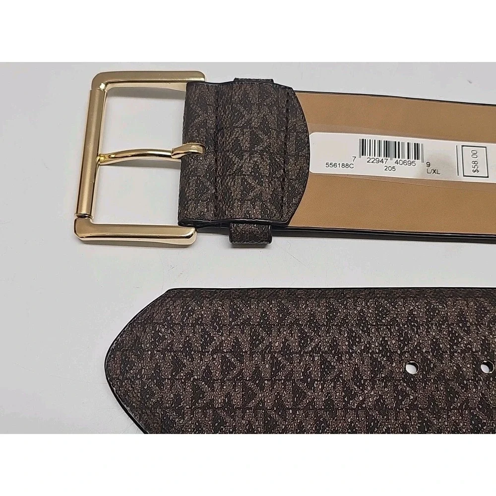 Michael Kors Belt Size L/XL Elastic Stretch Signature Brown Logo Gold Buckle NWT